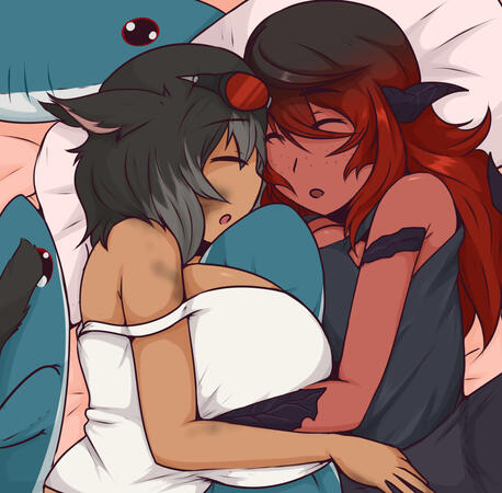 R'das and a xaela Au Ra doze off while snuggling atop a bed filled with BLÅHAJ, soft toy, shark, 100cm.